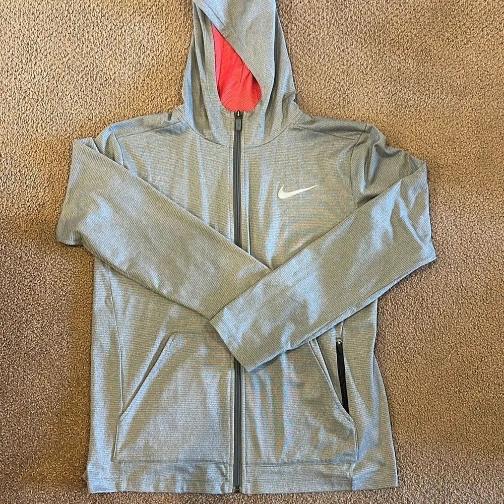 Nike Boys Dri Fit Grey Logo Zip-up Hooded Lightweight Shirt/Jacket - Size XL
